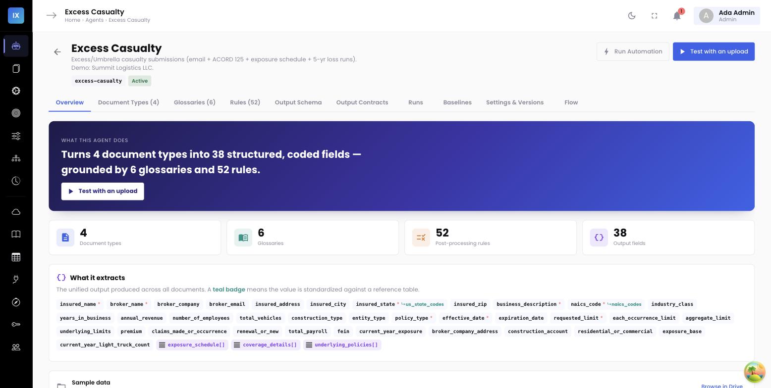 InsightXtract agent overview — an Excess Casualty agent that turns four document types into 38 coded output fields, six glossaries, and dozens of rules, all defined by its output contract