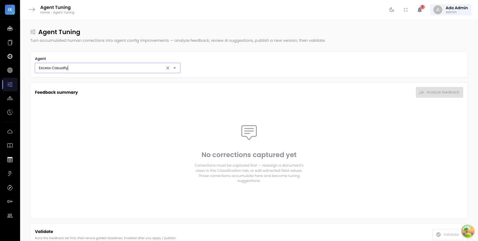 InsightXtract console — The Agent Tuning page a ranked list of recurring correction clusters (top row: loss_run paid incurred column swap, 47 corrections ) with a proposed rule/prompt change on the right and a review publish as ne