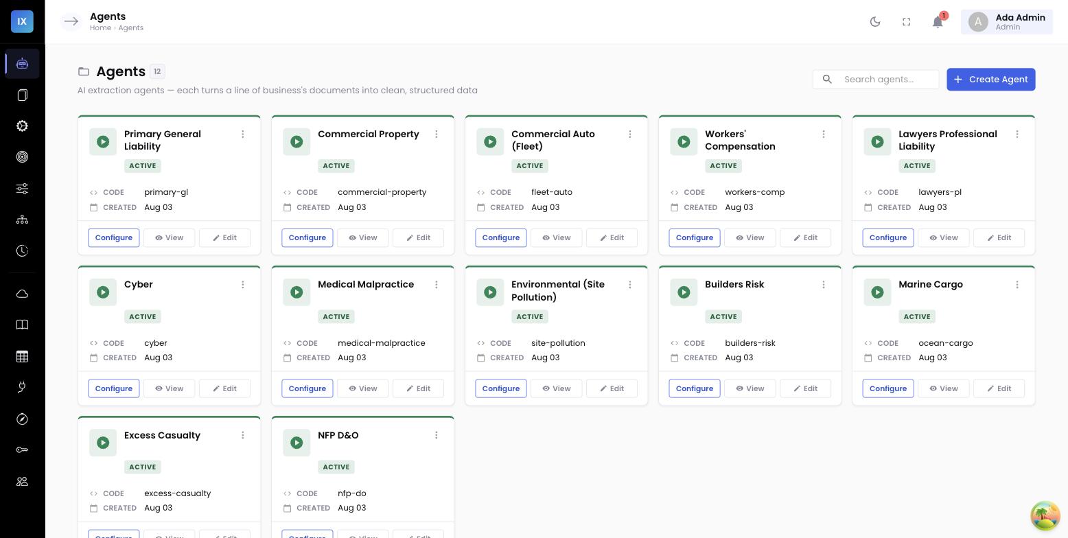 The InsightXtract console — the Agents workspace, with one AI extraction agent for each P&C line of business