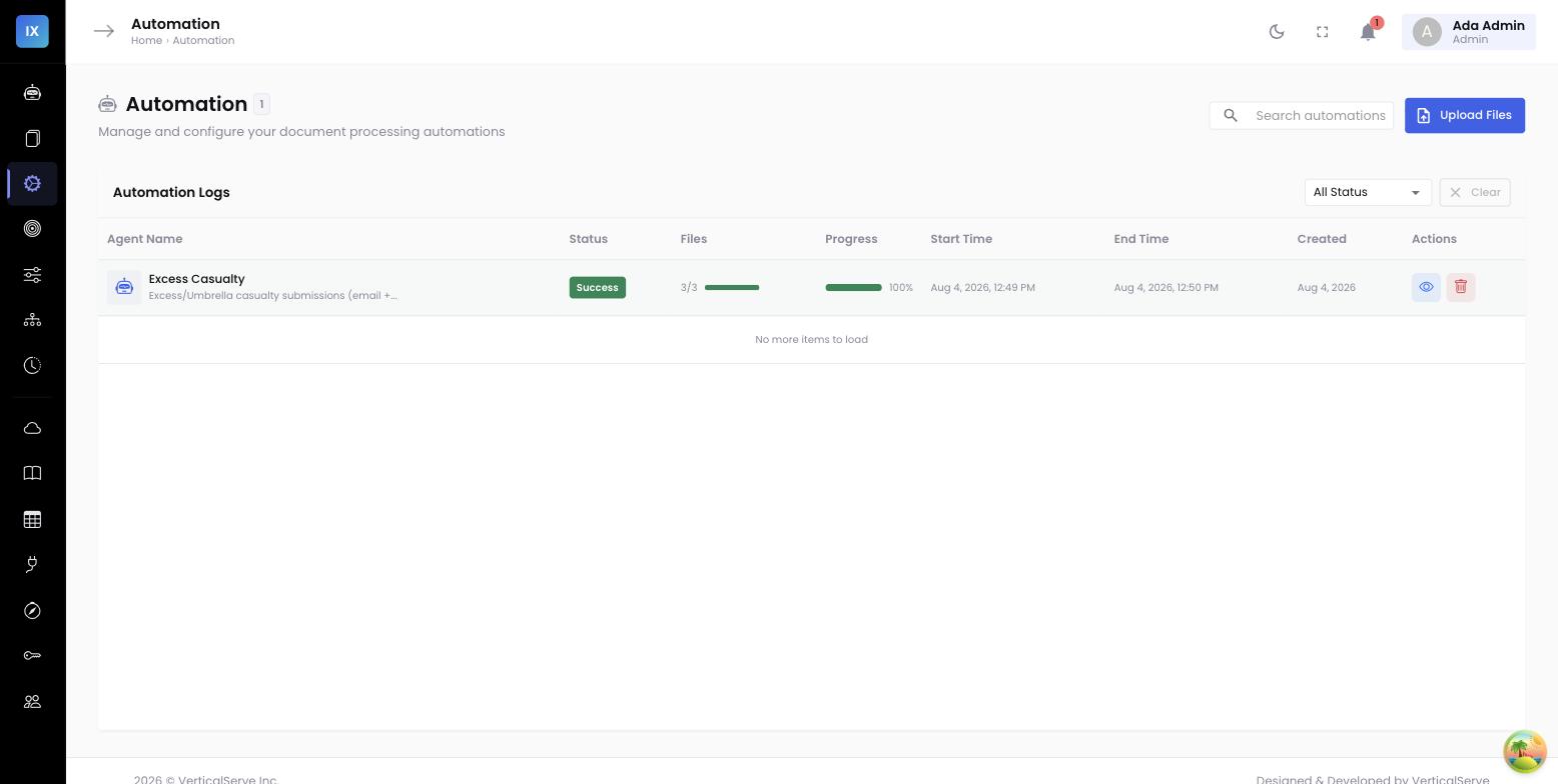 InsightXtract automation run — every document in a batch tracked and extracted, including unclassified ones routed through freeform extraction rather than dropped as unsupported