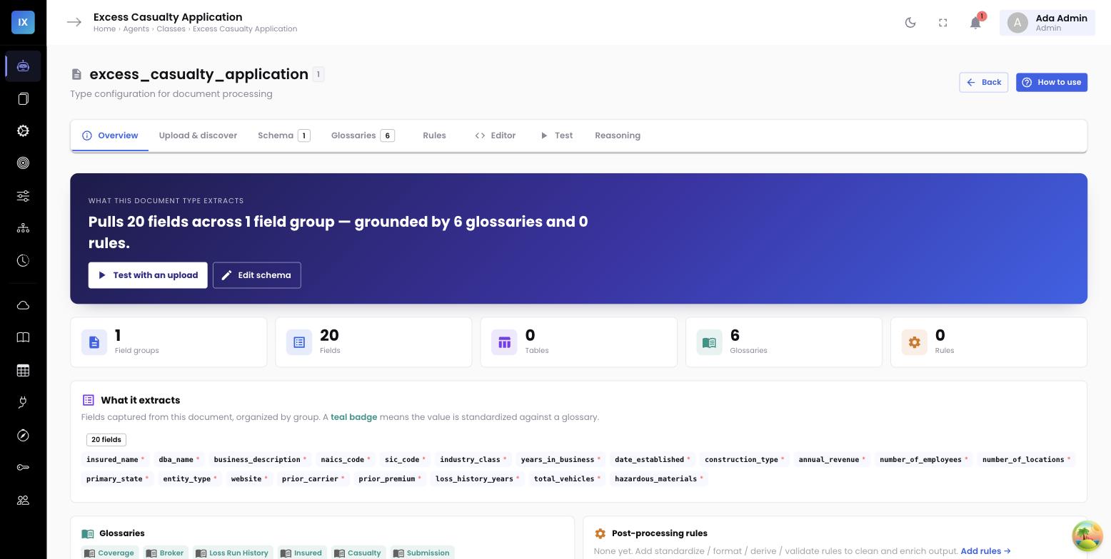 InsightXtract document-class builder — the visual schema designer where fields, tables, glossaries, and rules are configured and serialized to YAML, no code required