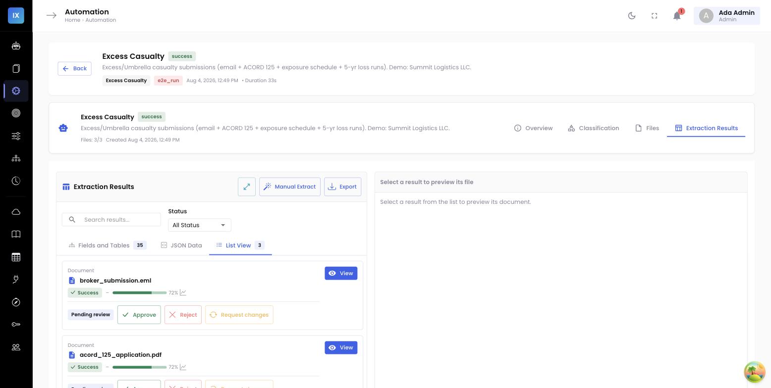 InsightXtract console — The field modification history for total_premium the two candidate sources ($148,000 email vs $152,500 ACORD), the value chosen, and the rule that resolved the conflict