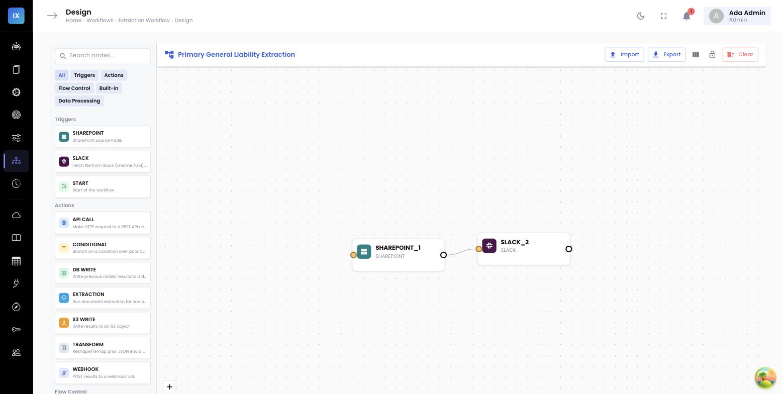 The visual workflow designer — a node palette of triggers and actions, and a pipeline graph on the canvas